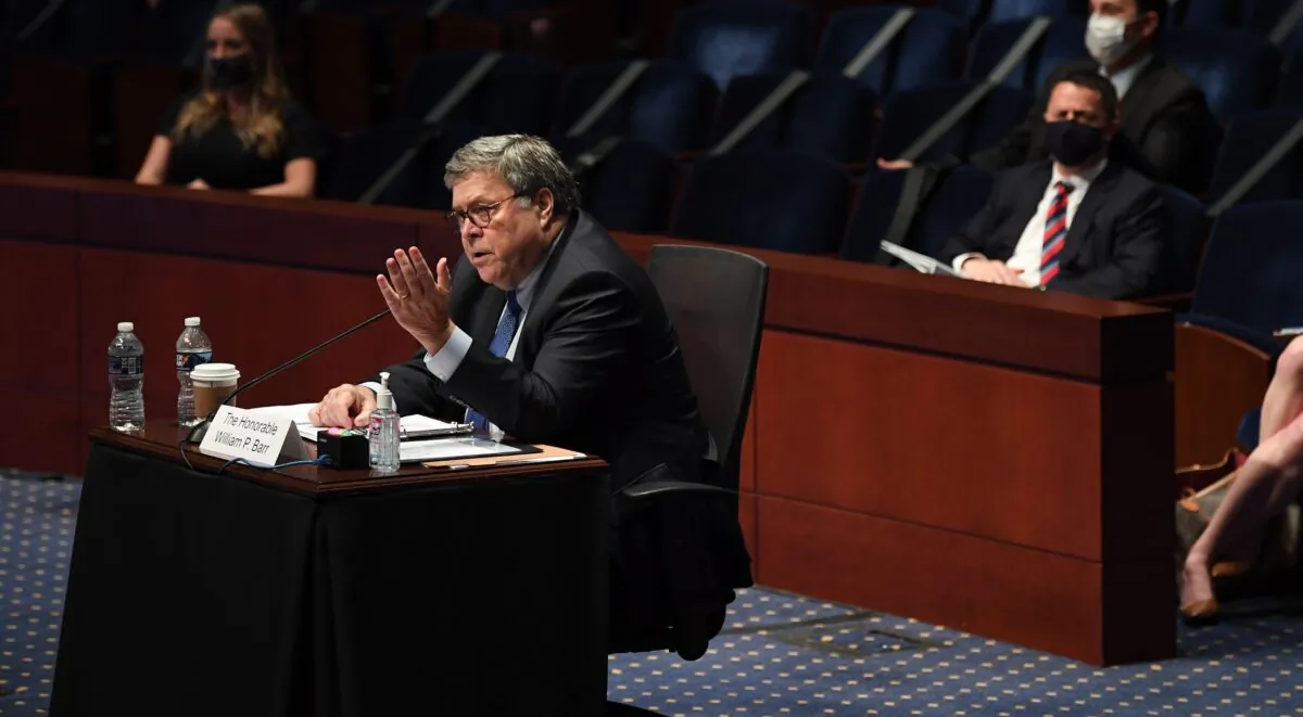 Attorney General William Barr testifies before the House Judiciary Committee hearing in the Congressional Auditorium at the U.S. Capitol Visitors Center in Washington on July 28, 2020. (MATT MCCLAIN/POOL/AFP via Getty Images)