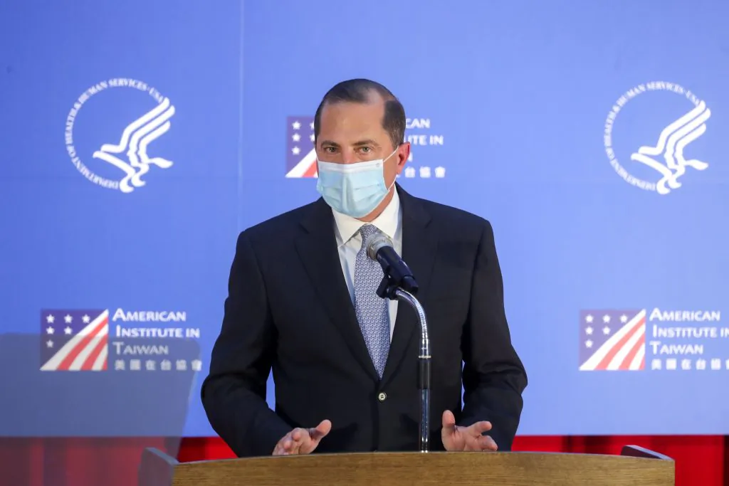 US Health and Human Services Secretary Alex Azar delivers a speech at the public health college of the National Taiwan University (NTU) in Taipei on Aug. 11, 2020. (Pei Chen/POOL/AFP via Getty Images)
