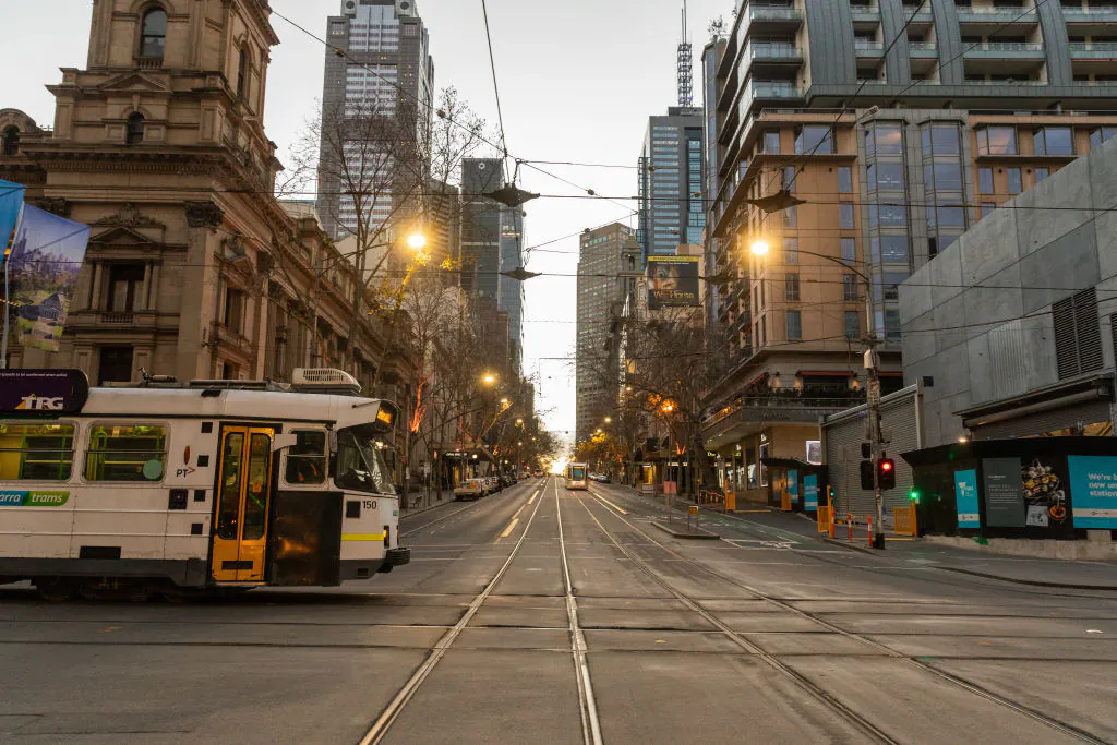 Quiet Central Business District on August 06, 2020 in Melbourne, Australia.  Retail stores across Melbourne are closed to customers as part of further stage 4 lockdown restrictions. (Asanka Ratnayake/Getty Images)