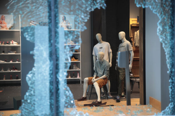 A window is shattered at a Timberland store along Michigan Avenue in Chicago, Ill., after it was looted on Aug. 10, 2020. (Scott Olson/Getty Images)