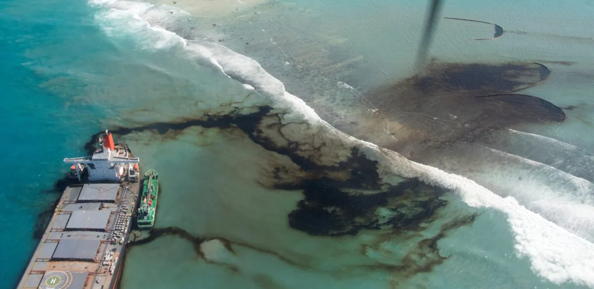 A general view shows the bulk carrier ship MV Wakashio, that ran aground on a reef, at Riviere des Creoles, Mauritius, in this handout image obtained by Reuters on August 11, 2020. French Army command/Handout via REUTERS