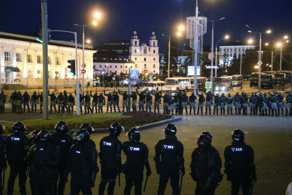 Police block a square during a mass protest following presidential elections in Minsk, Belarus,