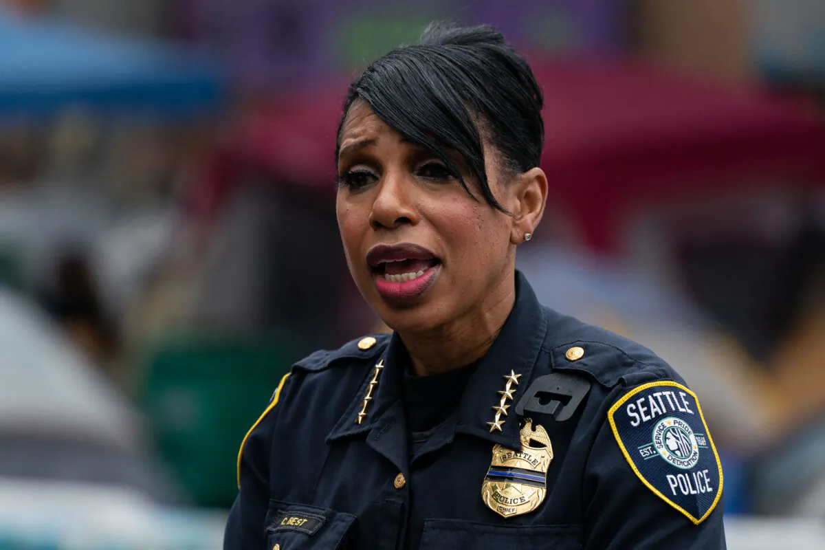 Seattle Police Chief Carmen Best holds a press conference outside of the departments vacated East Precinct in the area known as the Capitol Hill Organized Protest (CHOP) in Seattle on June 29, 2020. (David Ryder/Getty Images)