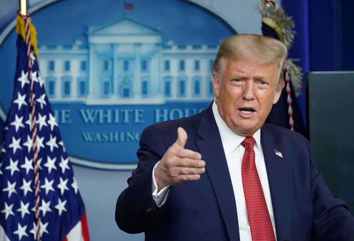 President Donald Trump speaks during a briefing at the White House in Washington on Aug. 10, 2020. (Kevin Lamarque/Reuters)