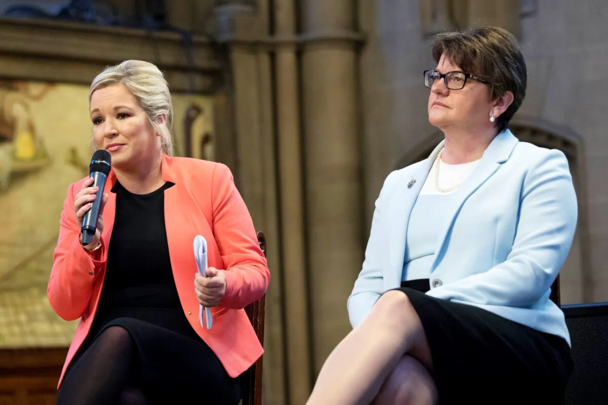 Arlene Foster (R) and Michelle O'Neill in Manchester, England, on Oct. 3, 2017. (Carl Court/Getty Images)