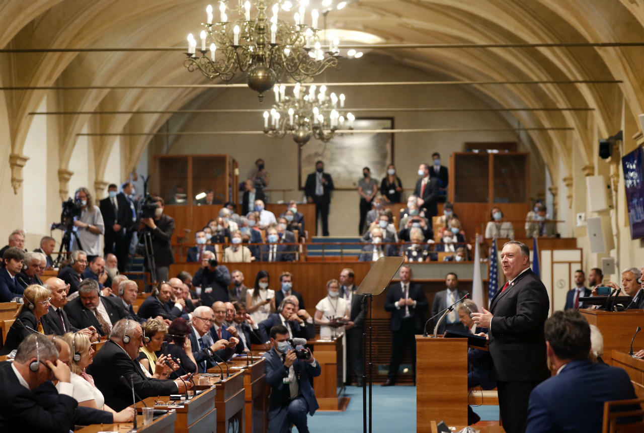 U.S. Secretary of State Mike Pompeo, right, speaks during a meeting of the senate in Prague, Czech Republic, Wednesday, Aug. 12, 2020. (Petr David Josek/AP Photo/ Pool)