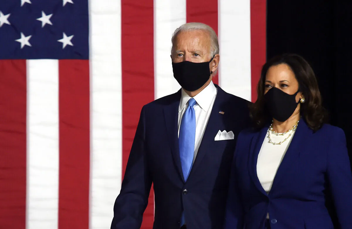 Democratic presidential nominee and former Vice President Joe Biden (L) and vice presidential running mate, Senator Kamala Harris, arrive to conduct their first press conference together in Wilmington, Del., on Aug. 12, 2020. (Olivier Douliery/AFP via Getty Images)