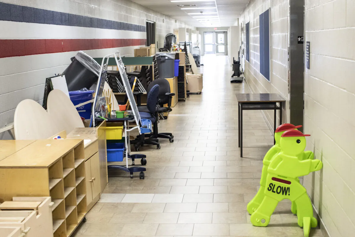 Furniture stands in a corridor at a school in Brampton, Ont. on July 23, 2020. Plans are being made across the country for how to safely send students back to school in the fall as the COVID-19 pandemic continues. (Chris Young/The Canadian Press)
