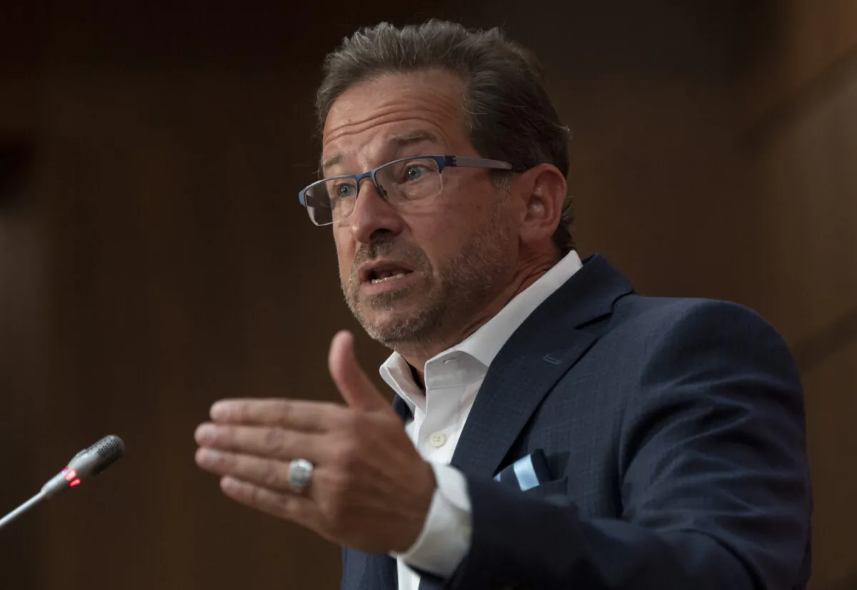 Bloc Quebecois Leader Yves-Francois Blanchet responds to a question during a news conference in Ottawa on Aug. 12, 2020. (Adrian Wyld/The Canadian Press)