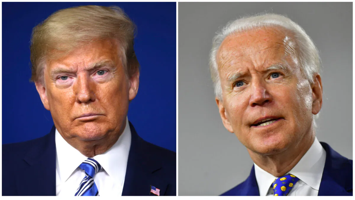 (L) President Donald Trump listens to Vice President Mike Pence speak at the daily coronavirus briefing at the White House in Washington on April 19, 2020. (Tasos Katopodis/Getty Images)
(R) Presumptive Democratic presidential nominee former Vice President Joe Biden delivers a speech at the William Hicks Anderson Community Center in Wilmington, Dela. on July 28, 2020. (Mark Makela/Getty Images)