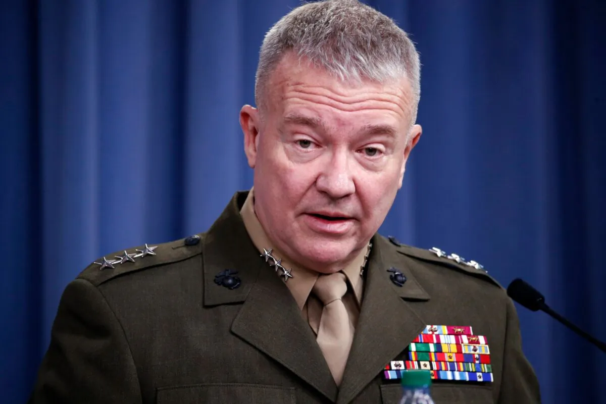 Then-Marine Lt. Gen. Kenneth "Frank" McKenzie speaks during a media availability at the Pentagon in Washington, on April1 14, 2018. (Alex Brandon/File/AP Photo)