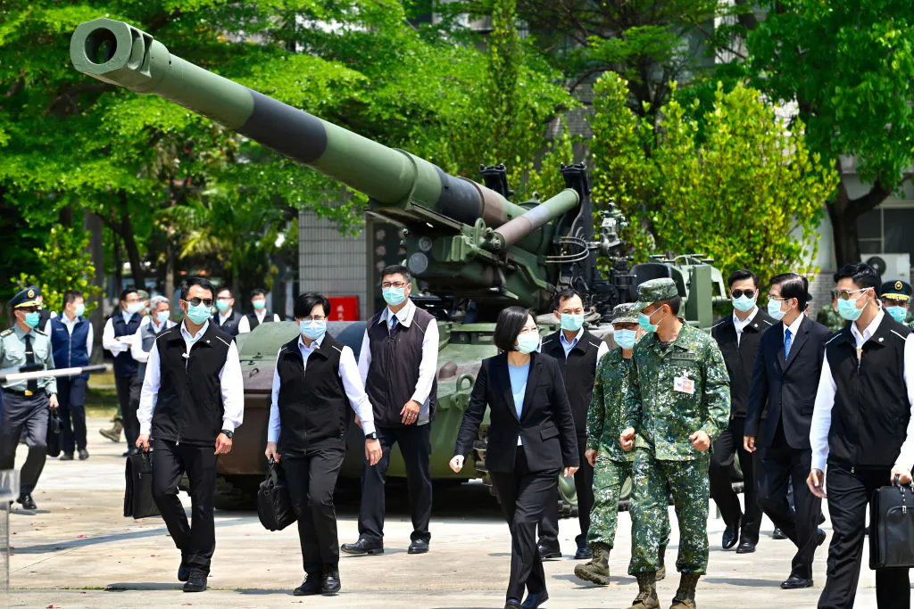 Taiwan President Tsai Ing-wen (C) visits a military base in Tainan, southern Taiwan, on April 9, 2020. (Samm Yeh/AFP via Getty Images)