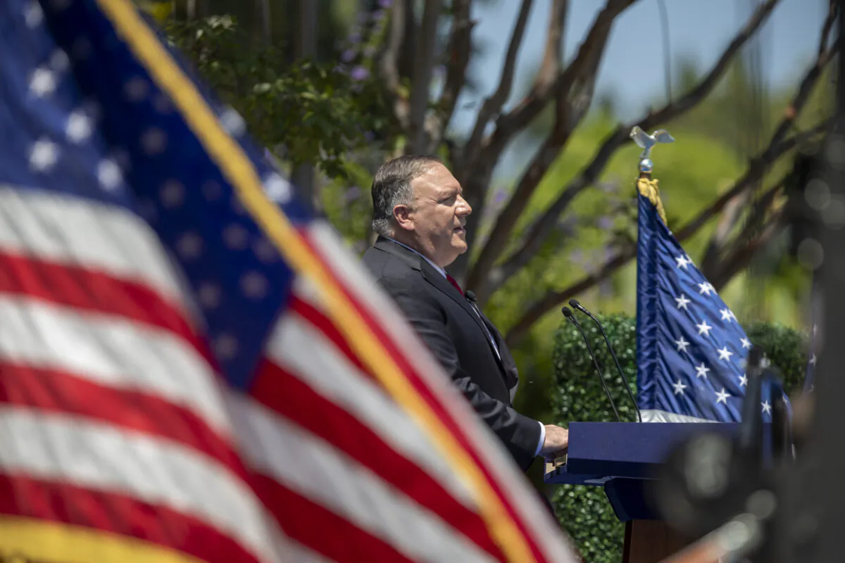 U.S. Secretary of State Mike Pompeo delivers a speech on communist China and the future of the free world at the Richard Nixon Presidential Library in Yorba Linda, Calif., on July 23, 2020. (David McNew/Getty Images)
