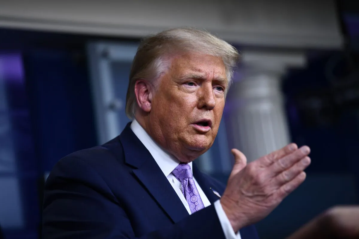 President Donald Trump speaks during a news conference in the Brady Briefing Room of the White House in Washington on Aug. 13, 2020. (Brendan Smialowski/AFP via Getty Images)