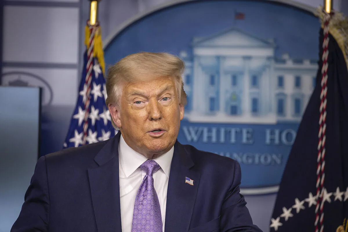 President Donald Trump speaks during a briefing at the White House in Washington, on Aug. 13, 2020. (Tasos Katopodis/Getty Images)