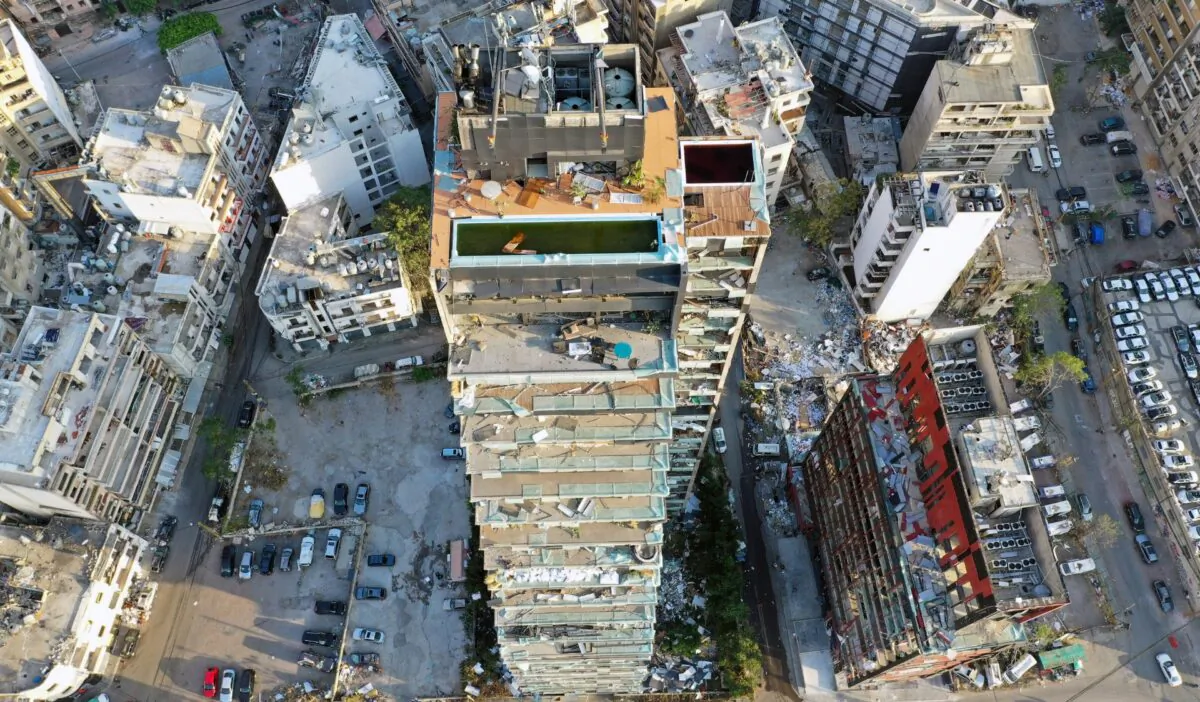 A view shows damaged buildings in the aftermath of a massive explosion in Beirut's port area, Lebanon, on Aug. 13, 2020. Picture taken with a drone. (Bader Helal/Reuters)