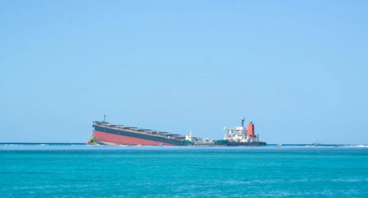 The MV Wakashio, a bulk carrier ship that recently ran aground off the southeast coast of Mauritius, on Aug. 12, 2020. (Kooghen Modeliar-Vyapooree-L'express Maurice/AP Photo)