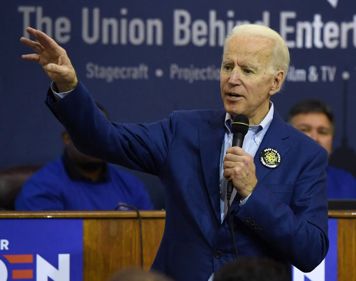 Democratic presidential candidate former Vice President Joe Biden speaks before a training session for precinct captains at the International Alliance of Theatrical Stage Employees in Las Vegas, Nev., on Feb. 21, 2020. (Ethan Miller/Getty Images)