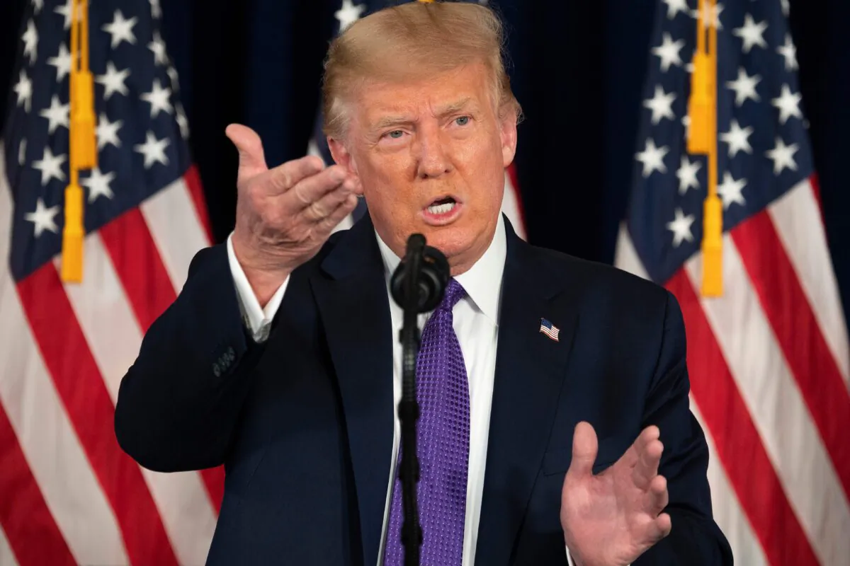 President Donald Trump speaks during a press conference in Bedminster, N.J., on Aug. 15, 2020. (Jim Watson/AFP via Getty Images)