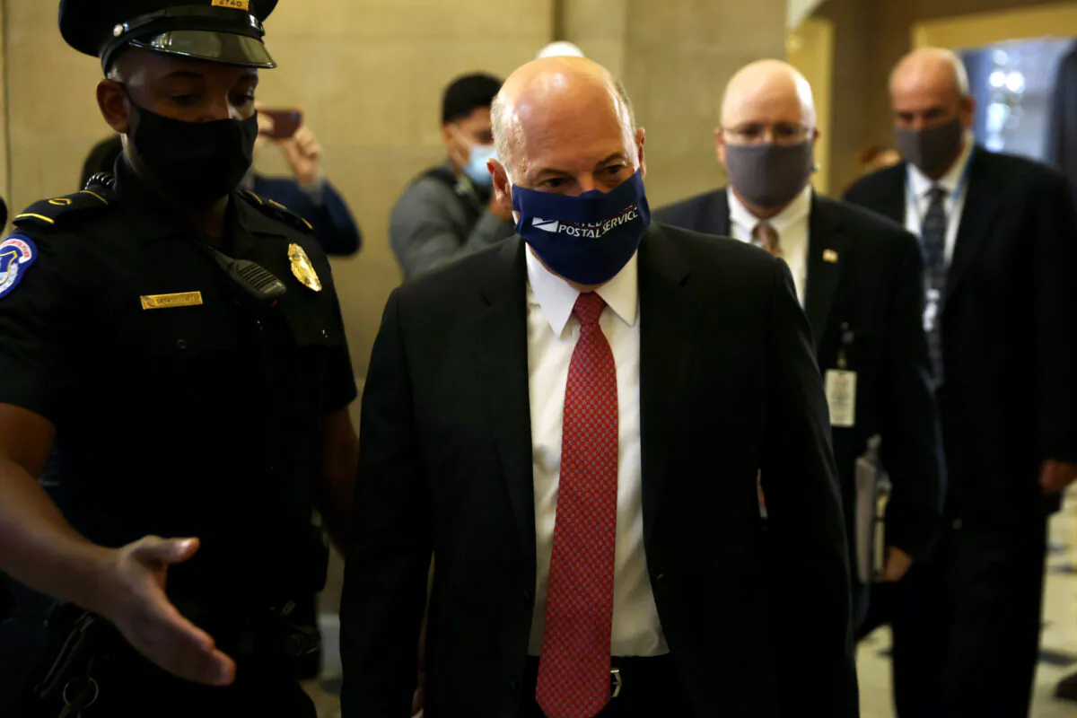 Postmaster General Louis DeJoy arrives at a meeting at the office of Speaker of the House Rep. Nancy Pelosi (D-Calif.) at the U.S. Capitol in Washington, on Aug. 5, 2020. (Alex Wong/Getty Images)