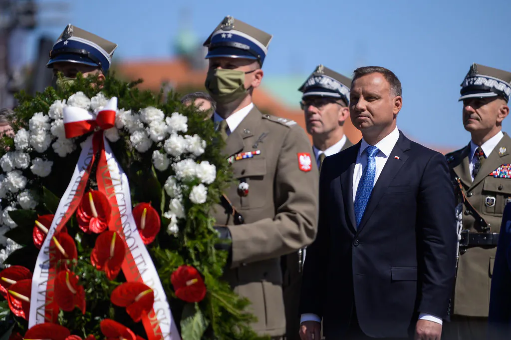 The President of Poland, Andrzej Duda takes part  in the celebrations of the 100th Anniversary of the Battle of Warsaw on Pilsudski Square in Warsaw, Poland, on Aug. 15, 2020. U.S. Secretary of State Mike Pompeo was in attendance while visiting Poland as part of a tour of several eastern European countries. (Omar Marques/Getty Images)