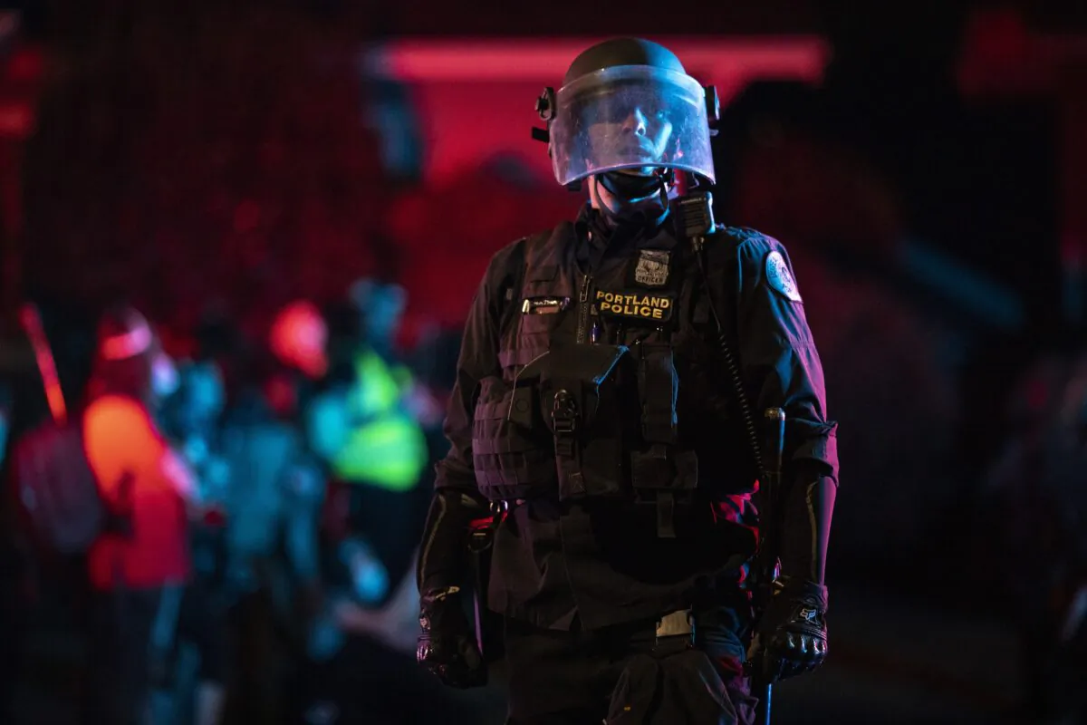Portland police are seen in riot gear in Portland, Ore., on Aug. 15, 2020. (Paula Bronstein/Getty Images)