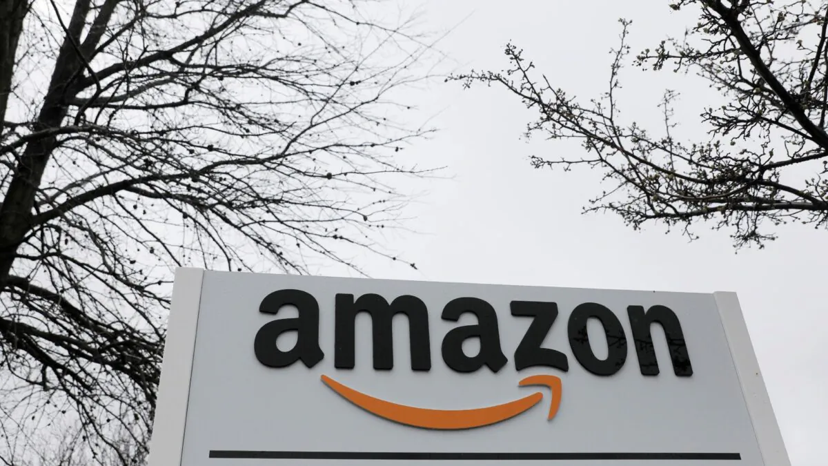 Signage is seen at an Amazon facility in Bethpage on Long Island, N.Y., on Mar 17, 2020. (Andrew Kelly/Reuters)