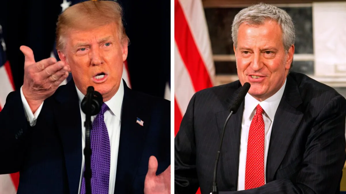 (L) President Donald Trump speaks during a press conference in Bedminster, N.J., on Aug. 15, 2020. (Jim Watson/AFP via Getty Images) (R) Mayor Bill de Blasio speaks during a video press conference at the NYC City Hall on March 19, 2020. (William Farrington-Pool/Getty Images)