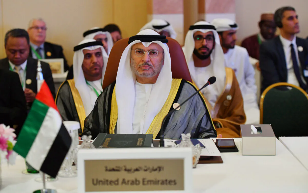 UAE Minister of State for Foreign Affairs Anwar Gargash (C) during a preparatory meeting for the GCC, Arab and Islamic summits in Jeddah, Saudi Arabia, on May 29, 2019. (Waleed Ali/Reuters)
