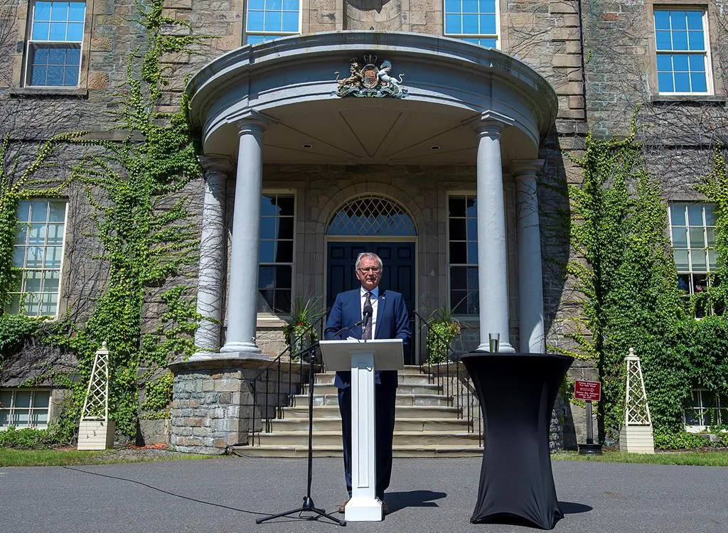 New Brunswick Premier Blaine Higgs talks with journalists after calling an election following a visit with Lt.-Gov Brenda Murphy at Government House in Fredericton on Aug. 17, 2020. The election will be held September 14. (Andrew Vaughan/The Epoch Times)
