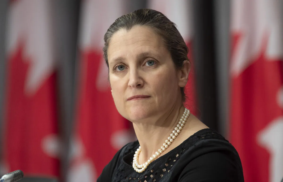 Chrystia Freeland looks on during a news conference on June 12, 2020 in Ottawa. THE CANADIAN PRESS/Adrian Wyld