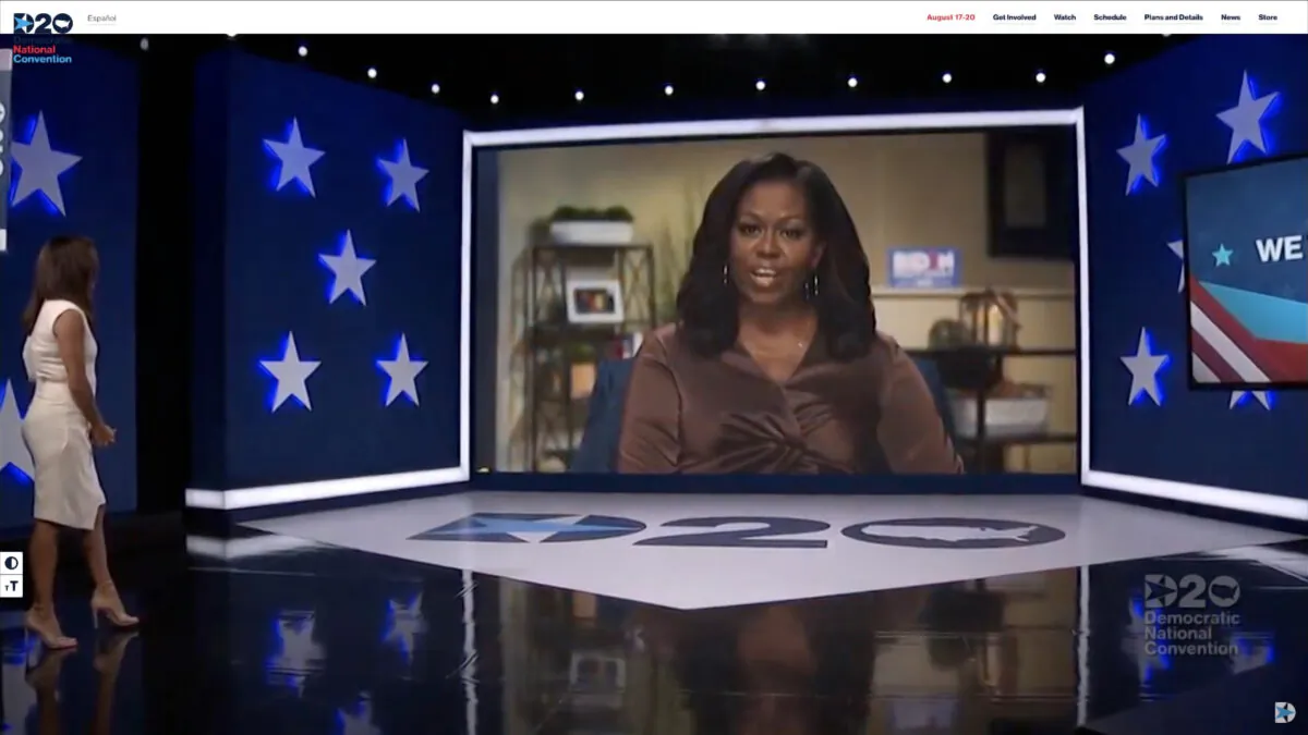 In this screenshot from the DNCC’s livestream of the 2020 Democratic National Convention, actress and activist Eva Longoria (L) introduces Former First Lady Michelle Obama to address the virtual convention on Aug. 17, 2020. (DNCC via Getty Images)