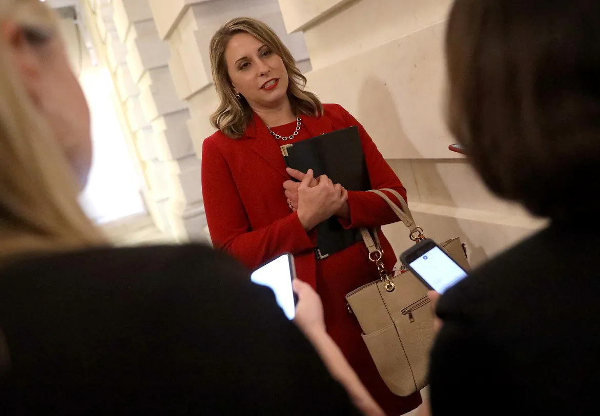 Rep. Katie Hill (D-Calif.) answers questions from reporters at the U.S. Capitol following her final speech on the floor of the House of Representatives in Washington on Oct. 31, 2019. (Win McNamee/Getty Images)