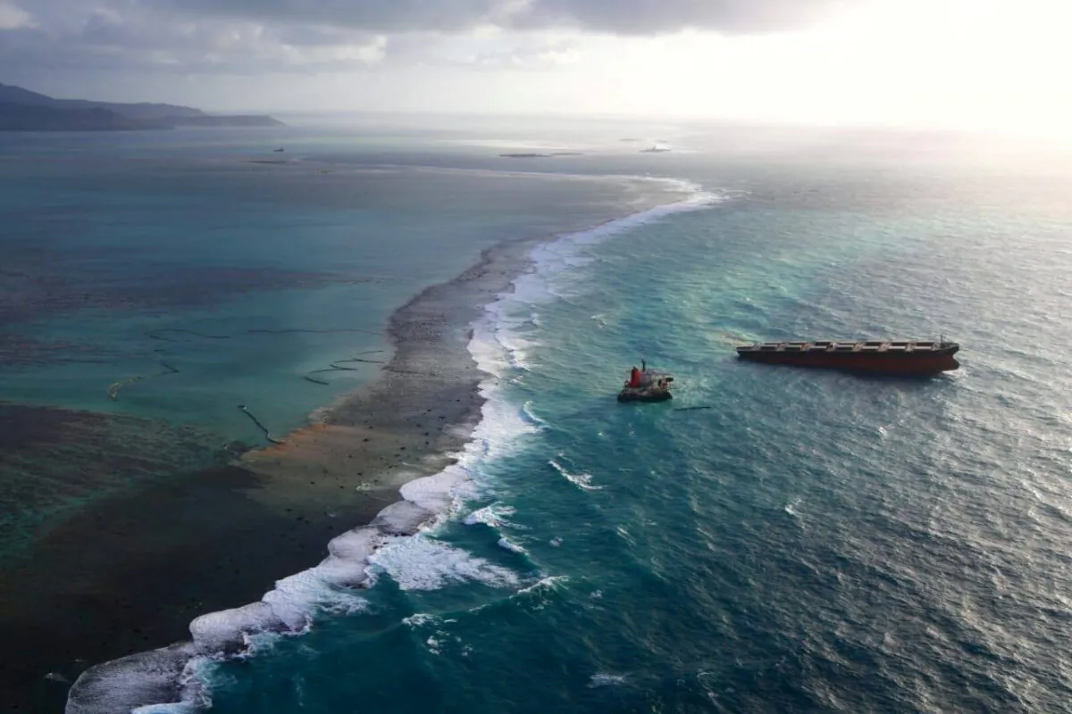 A Japanese bulk carrier MV Wakashio, that has struck a coral reef causing an oil spill, is seen in Mauritius, in this undated aerial picture obtained from social media on Aug. 18, 2020. (Mobilisation Nationale Wakashio/via Reuters)