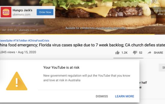 A pop-up window featuring Google Australia's warning to users about upcoming legislation that will compel it to pay media publishers for content and provide access to data (Screenshot).