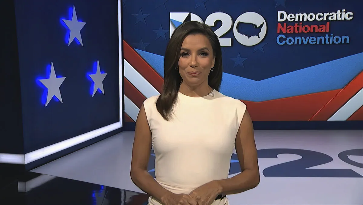 In this image from video, Eva Longoria, serving as moderator, speaks during the first night of the Democratic National Convention on Aug. 17, 2020. (Democratic National Convention via AP)