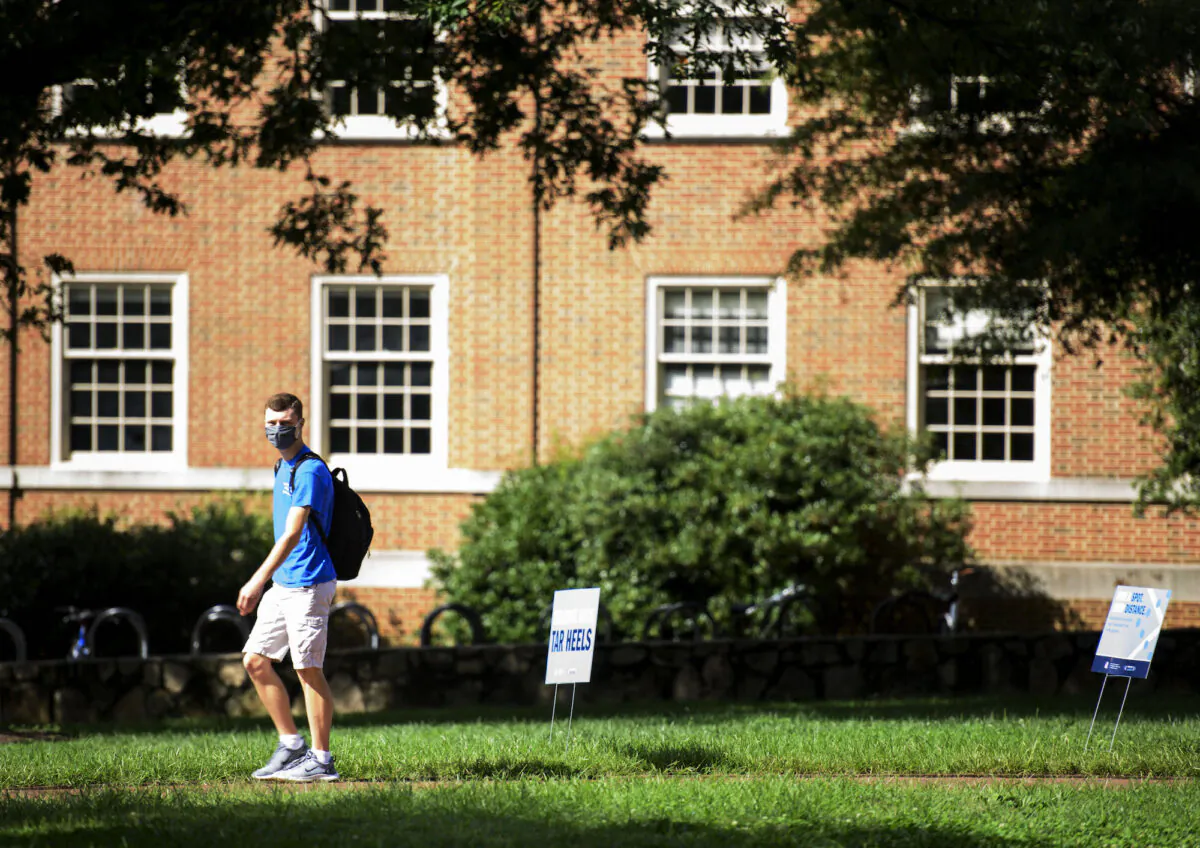 A student walks through the campus of the University of North Carolina at Chapel Hill on Aug. 18, 2020 in Chapel Hill, N.C. (Melissa Sue Gerrits/Getty Images)