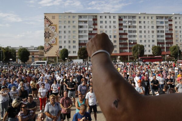 Belarusian miners gather for a rally in Salihorsk