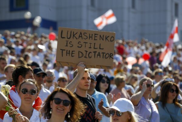 Belarusian opposition supporters rally in the center of Minsk