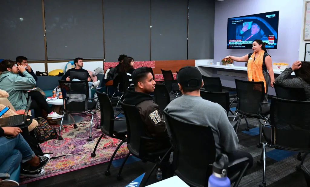 California State University–Fullerton students gather for a State of the Union watch party at the Dreamers Research Center on campus in Fullerton, Calif., on Feb. 5, 2019. (Frederic J. Brown/AFP via Getty Images)