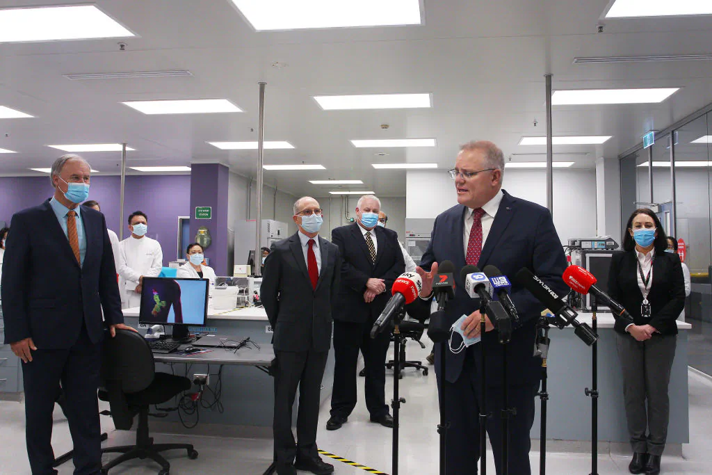 Prime Minister Scott Morrison addresses the media during a visit to AstraZeneca in Sydney, Australia on August 19, 2020. (Lisa Maree Williams/Getty Images)