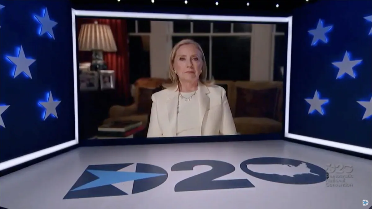 In this screenshot from the DNCC’s livestream of the 2020 Democratic National Convention, former first lady and Secretary of State Hillary Clinton addresses the virtual convention on Aug. 19, 2020. (DNCC via Getty Images)