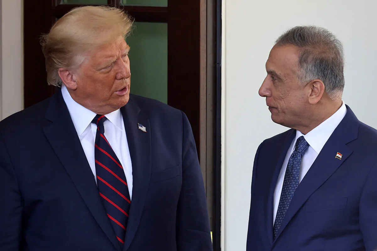President Donald Trump (L) welcomes Iraqi Prime Minister Mustafa Al-Kadhimi to the White House in Washington, DC on Aug. 20, 2020. (Chip Somodevilla/Getty Images)