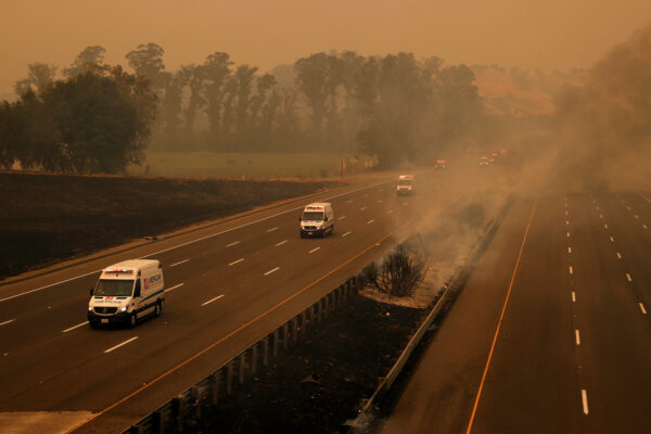 A convoy of emergency vehicles