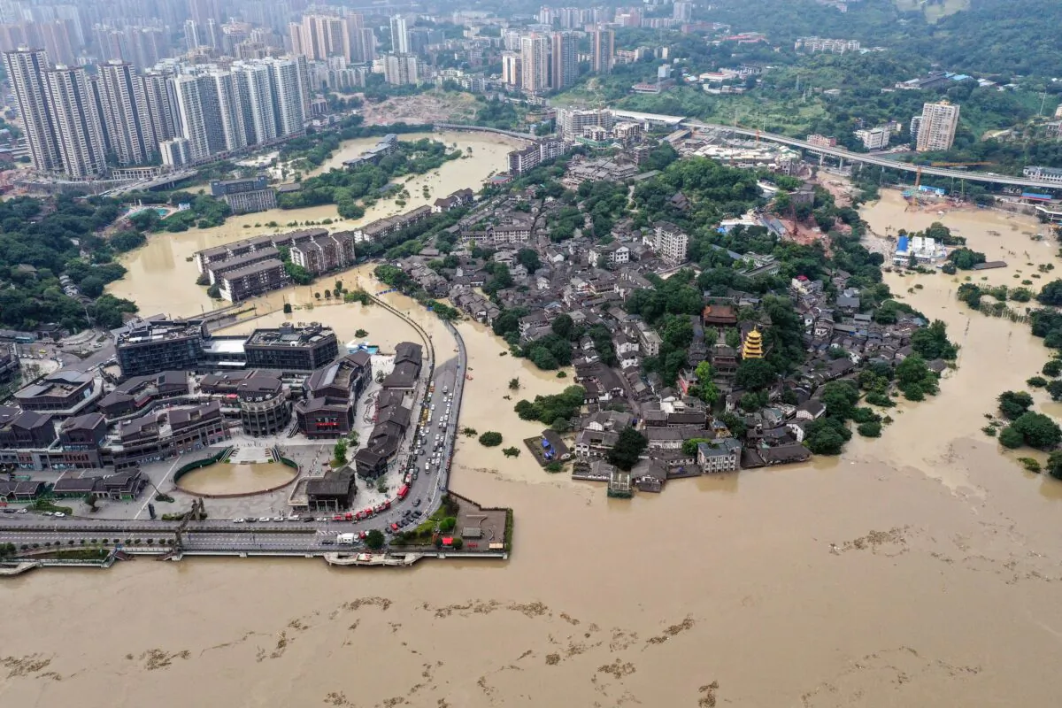 An aerial view of the flooded area in China's southwestern Chongqing on Aug. 19, 2020. (STR/AFP via Getty Images)