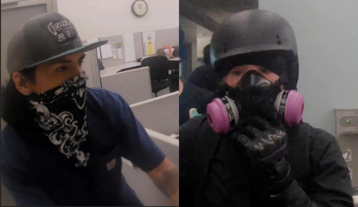 Two suspects in the destruction of offices inside the Multnomah County Justice Center in Portland, Ore., on May 29, 2020. (FBI)