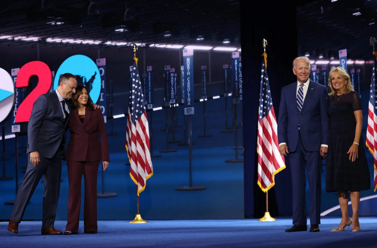 Democratic vice presidential nominee Sen. Kamala Harris (D-Calif.) and her husband Douglas Emhoff and Democratic presidential nominee Joe Biden and his wife Dr. Jill Biden appear on stage after Harris delivered her acceptance speech on the third night of the Democratic National Convention from the Chase Center in Wilmington, Del., on Aug. 19, 2020. (Win McNamee/Getty Images)