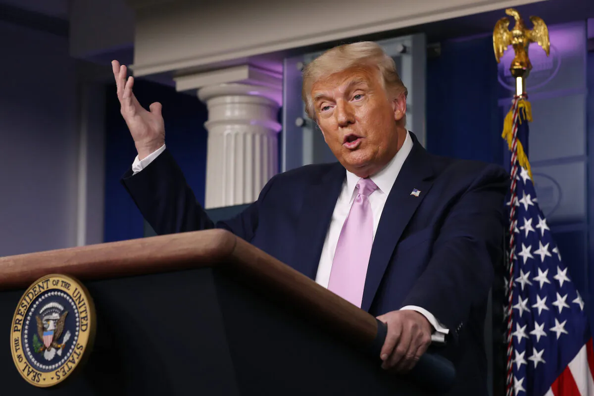 President Donald Trump holds a news conference in the Brady Press Briefing Room at the White House in Washington, on Aug. 19, 2020. (Chip Somodevilla/Getty Images)