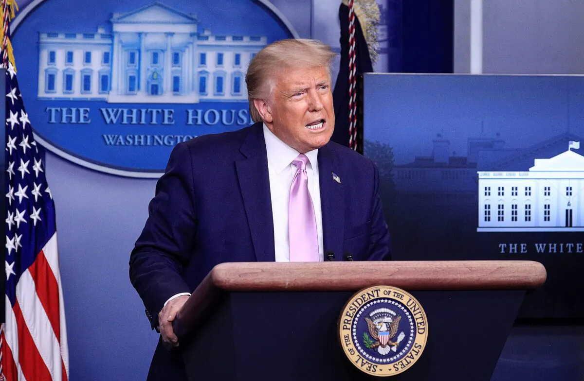 President Donald Trump speaks during a news conference in the Brady Press Briefing Room at the White House in Washington on Aug. 19, 2020. (Tom Brenner/Reuters)