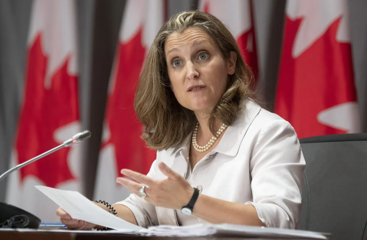 Deputy Prime Minister and Minister of Finance Chrystia Freeland responds to a question during a news conference in Ottawa on Aug. 20, 2020. (The Canadian Press/Adrian Wyld)

